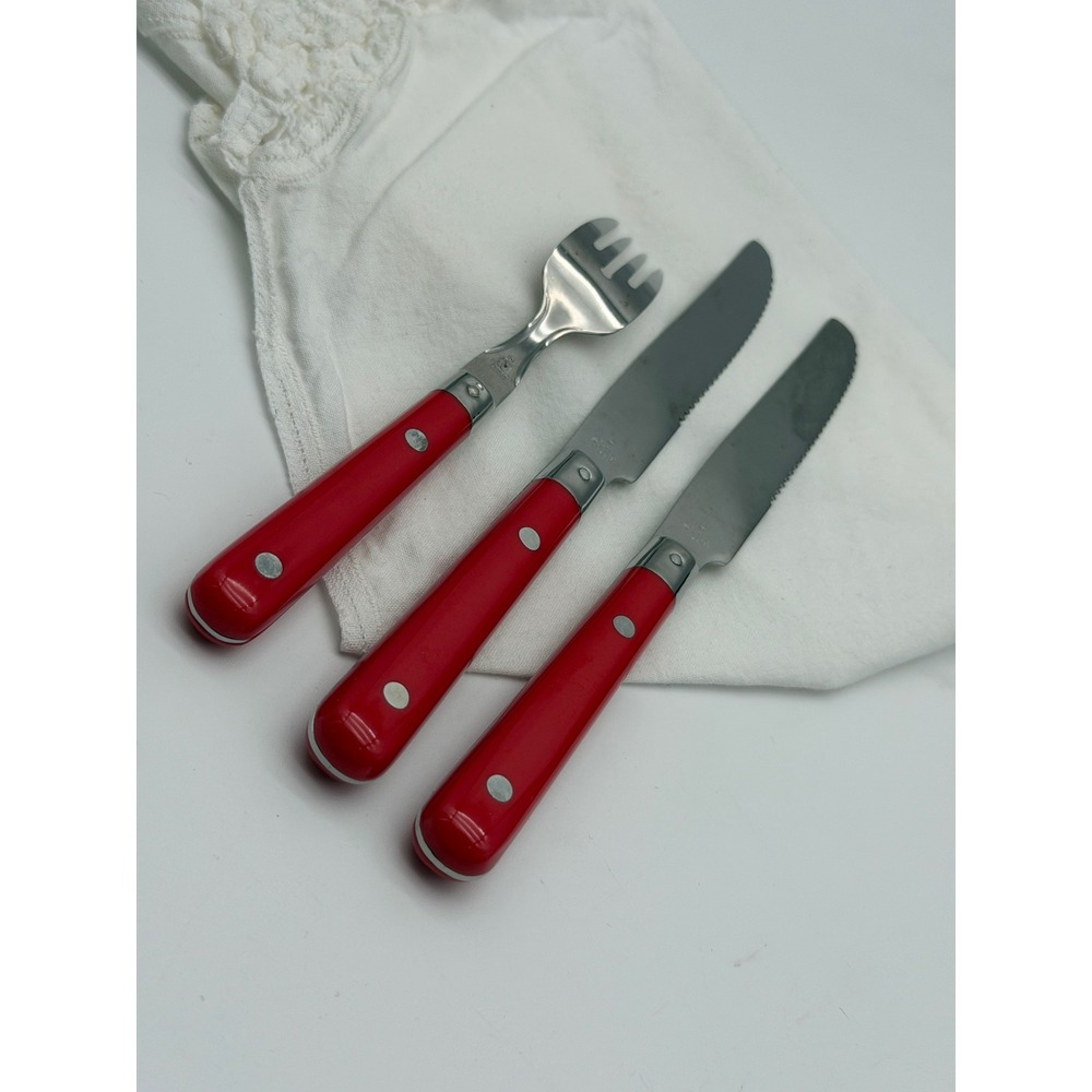 Lifetime‎ Stainless Korea Red Riveted Handle Flatware Set 1 Fork 2 Knives Bistro